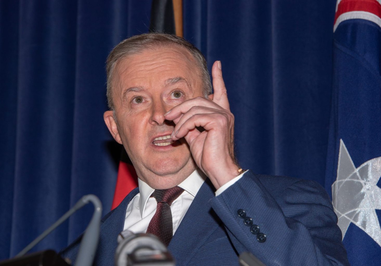 Canberra, Australia - 28 January 2021.  Leader of the Opposition Anthony Albanese answers questions after he announced his shadow cabinet reshuffle in the Labor caucus room at Parliament House in Canberra. Deputy Leader Richard Marles listens on. Photo by Rob Keating (https://photos.keatingmedia.com.au).